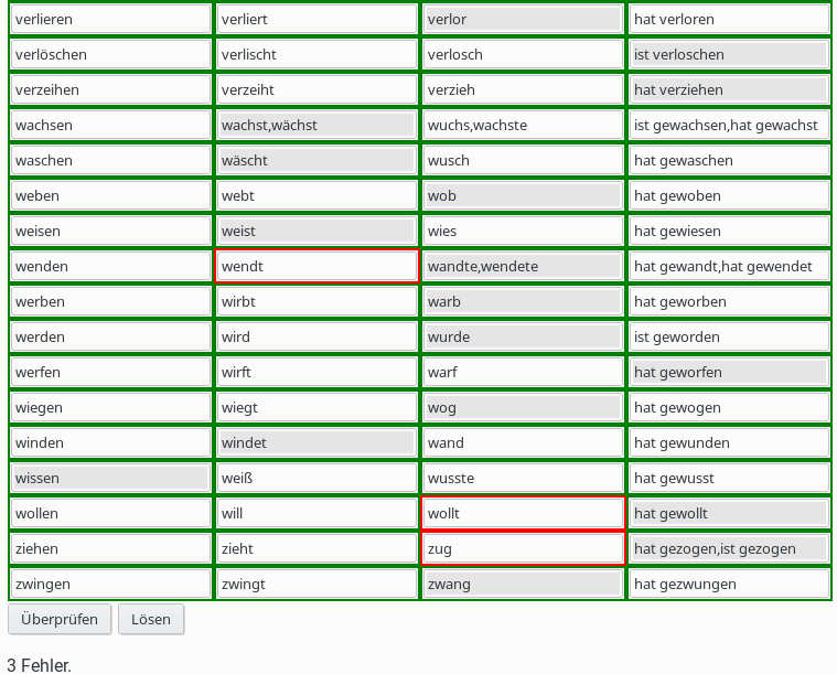 Captura de pantalla del programa Unregelmäßige Verben Test