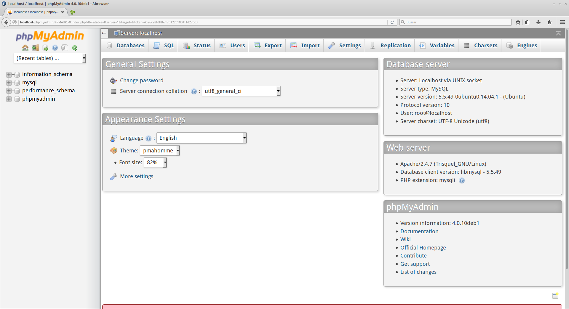 main screen phpMyAdmin