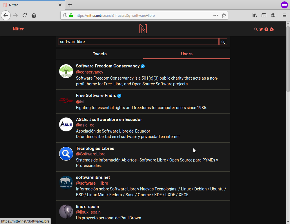Searching 'free software' with Nitter